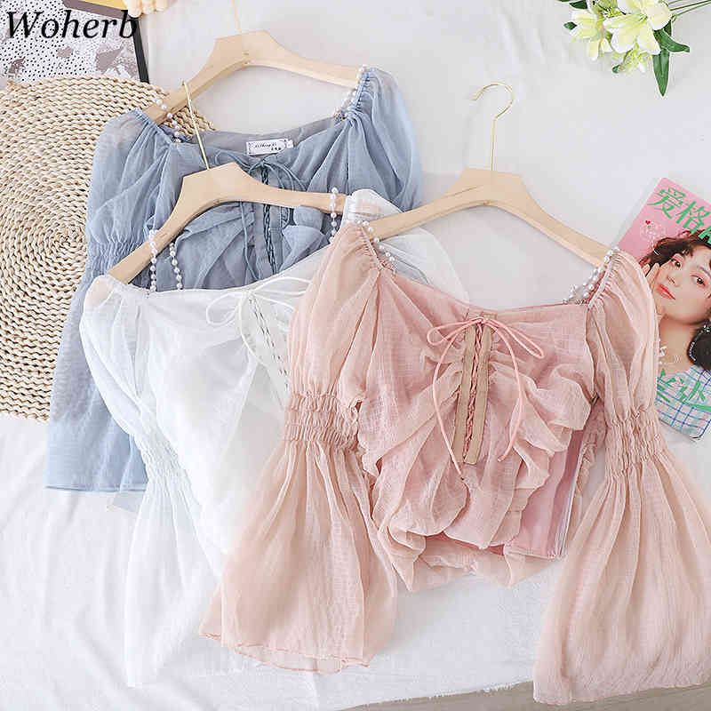Blouse Women Chic Pearl Baeding Shirts Square Collar Chiffon Blusas Mujer Lace Up Flare Sweet Blouses Tops 95441 210519