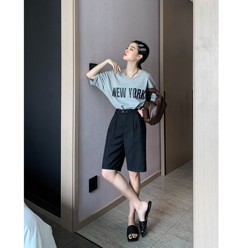 summer loose casual straight outer wear high-waisted Hong Kong-style suit five points thinner wide-leg shorts women 210429