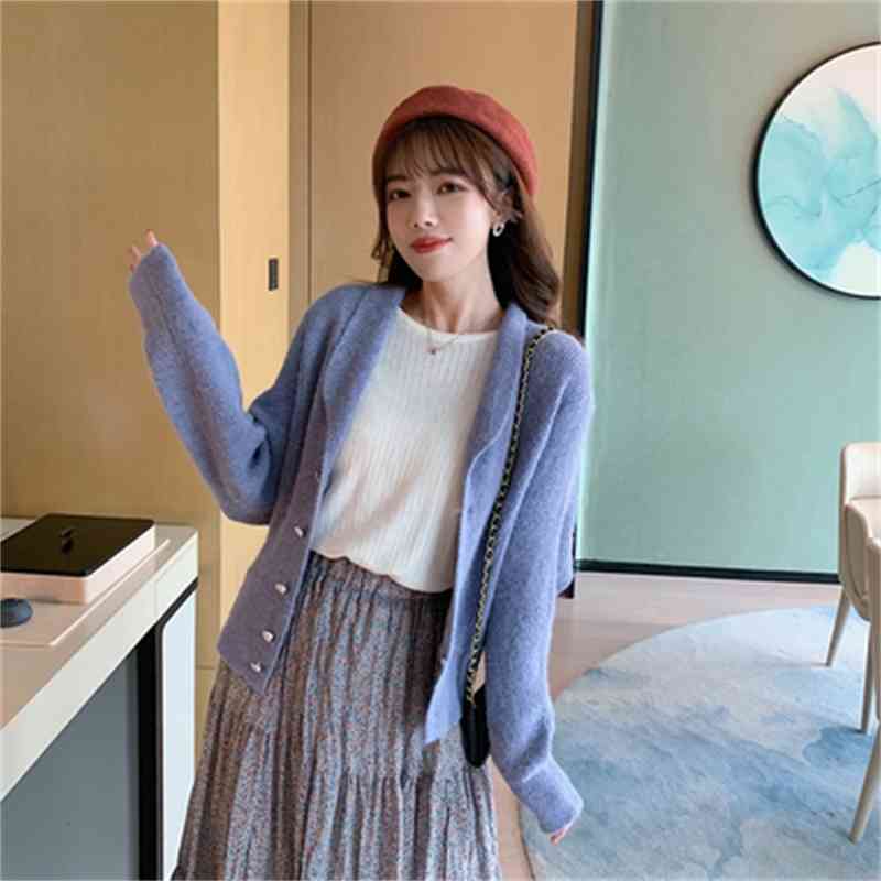 Korean V-neck Knitted Cardigan Sweater Women Autumn Winter Long Sleeve Single Breasted Tops Solid Ladies Elegant Jumpers 210514
