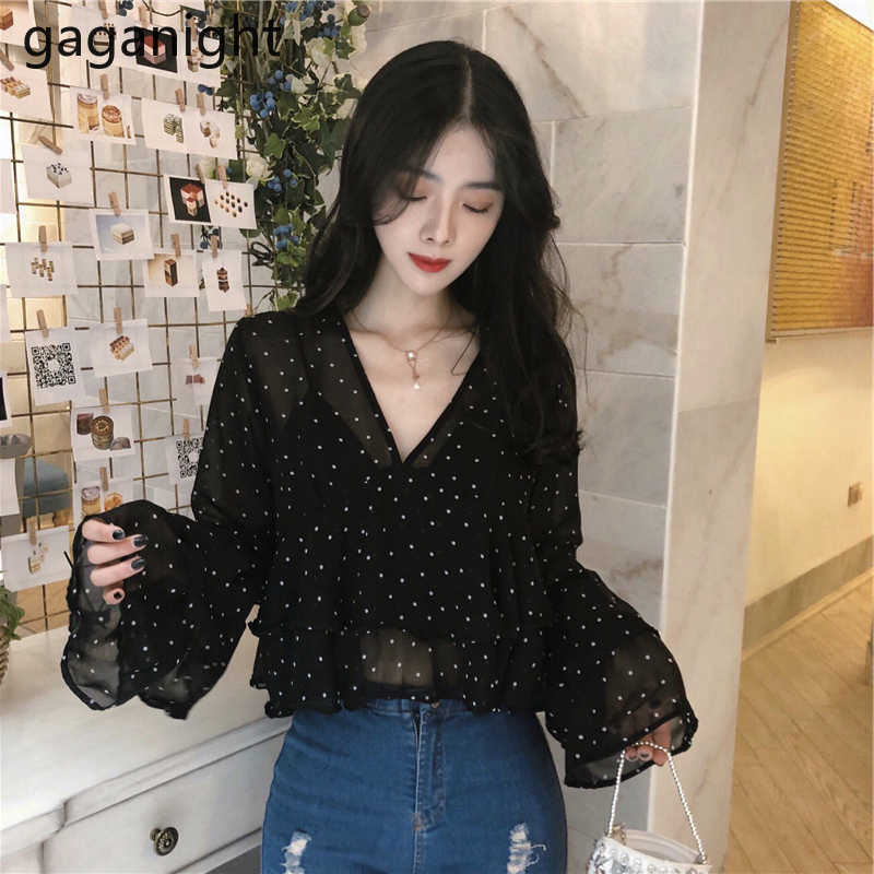 Spring Autumn Chic Vintage Women Blouses Polka Dot V-Neck OL Shirt Long Sleeve Korean Ruffles Lady Formal Blusas 210601