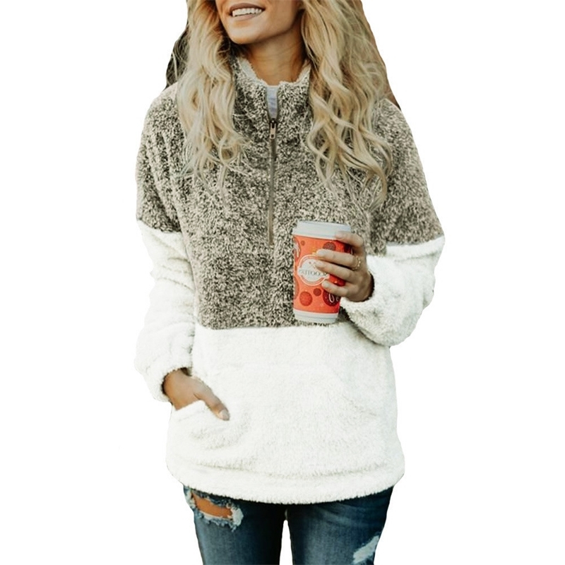 Women Casual Plush Hoodies Zipper Patchwork Hooded Drawstring Sweatshirt Autumn Winter Lady Hooded Warm Loose Tops Plus Size 5XL 210507