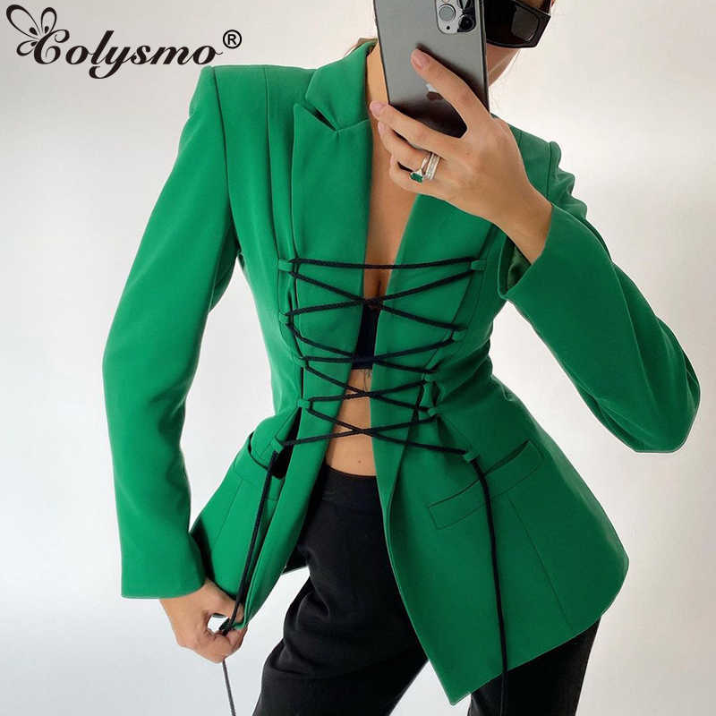 Colysmo Autumn Collared Shirt Lace up Cut out Pocket Notched Blazer Sexy Black Blouse Women Elegant Party Club Outfits 210527