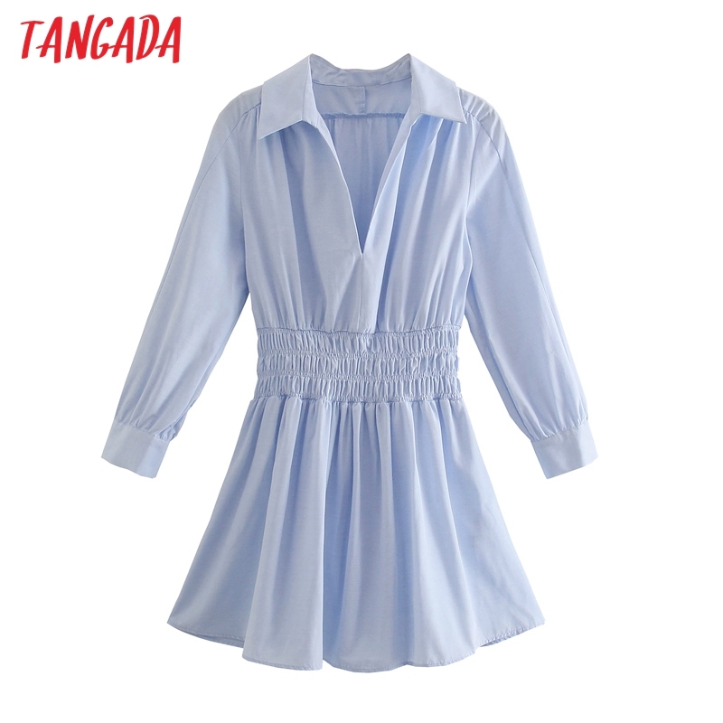 Fashion Women Blue Shirt Long Sleeve Strethy Waist Office Ladies Mini Dress JE25 210416