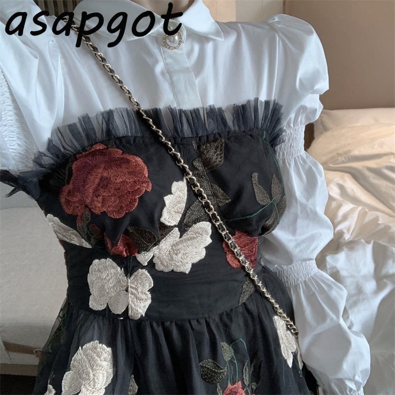 White Puff Long Sleeve Turn Down Collar Shirt Dress Short Sleeveless Irregular Flower Embroidery Mesh Top Strapless Patchwork 210429