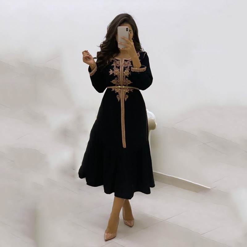 royal blue Moroccan Kaftan short Formal Evening Dress Gold Lace Appliques long sleeves tea length Arabic Muslim Dress Dubai Special Occasion Dresses