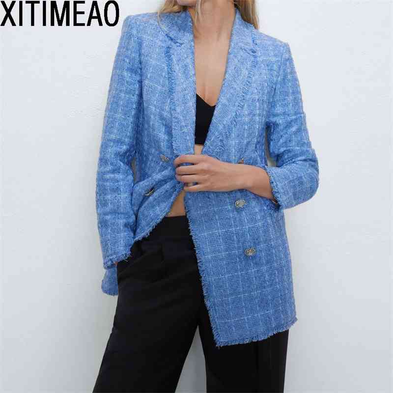 ZA Women Fashion Office Wear Double Breasted Tweed Blazer Coat Vintage Long Sleeve Frayed Female Outerwear Chic Tops 210604, Blue
ZA Women Fashion Office Wear Double Breasted Tweed Blazer Coat Vintage Long Sleeve Frayed Female Outerwear Chic Tops 210604, Blue