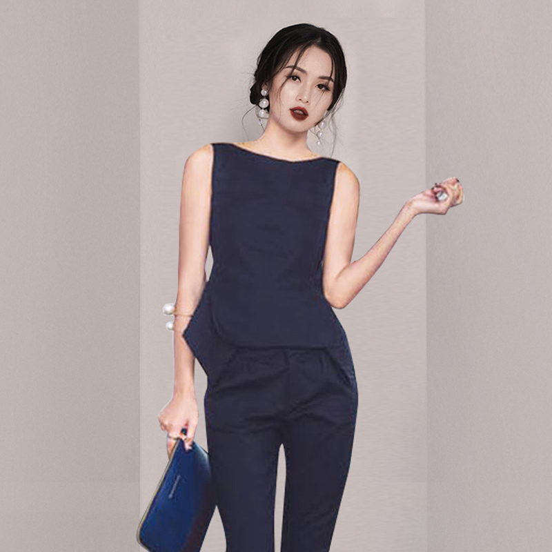 Summer 2 Piece Set Elegant Solid Color Office OL Work Lady Sleeveless Slim Blouse + pencil Pants Suit Female 210519