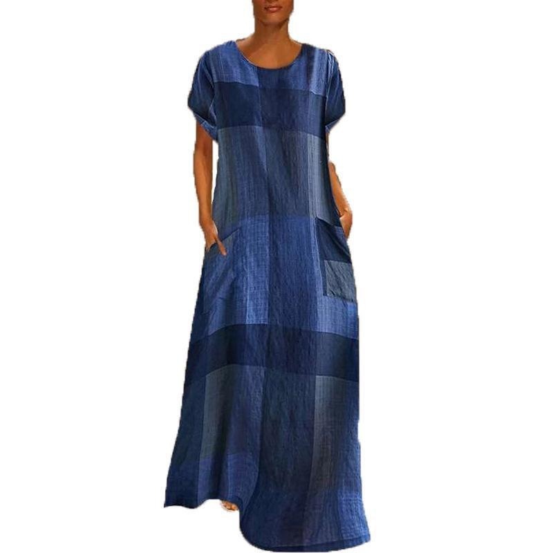 Women Dress Short Sleeve Plaid Maxi es Retro Cotton Linen Ladies es Loose Long Plus Size Summer 210524