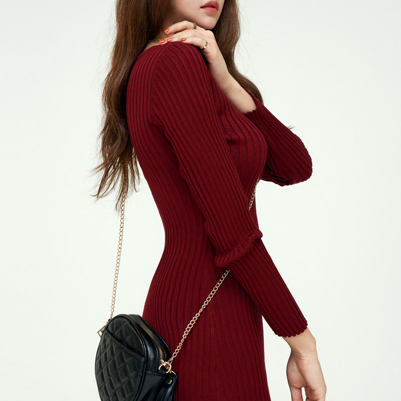 Solid Vintage Long Sleeve Dress Knit Sweater Women V Neck Winter Midi for Clothing Robe Femme 12700 210427