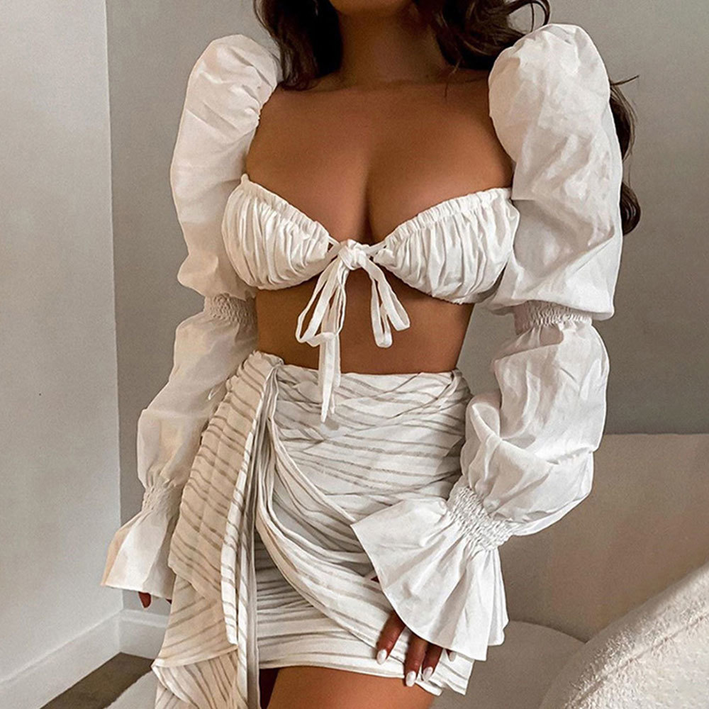 Women Flare Long Sleeve Tie Front Blouse Elegant Shirt Sexy Backless Shirred White Crop Tops Female Casual Blusas 210428