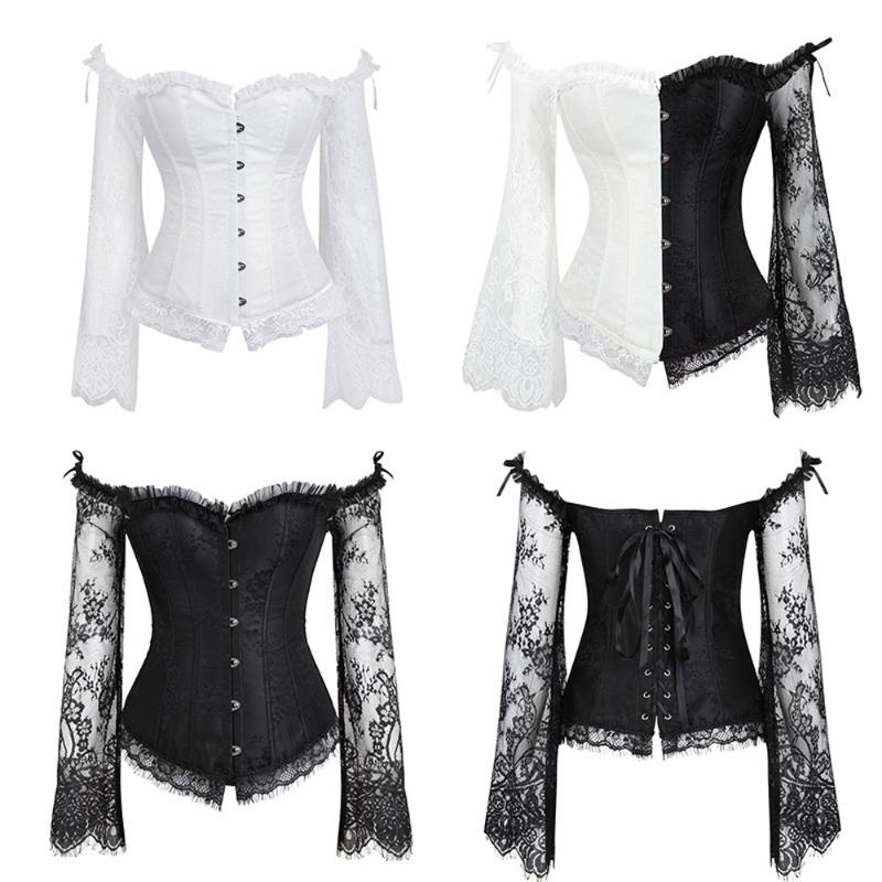 Corset Bustier Top With Straps For Women Sexy Lingerie Lace Up Plus Size Long Sleeves Body Shaper Costumes Burlesque Black White Women's Sha