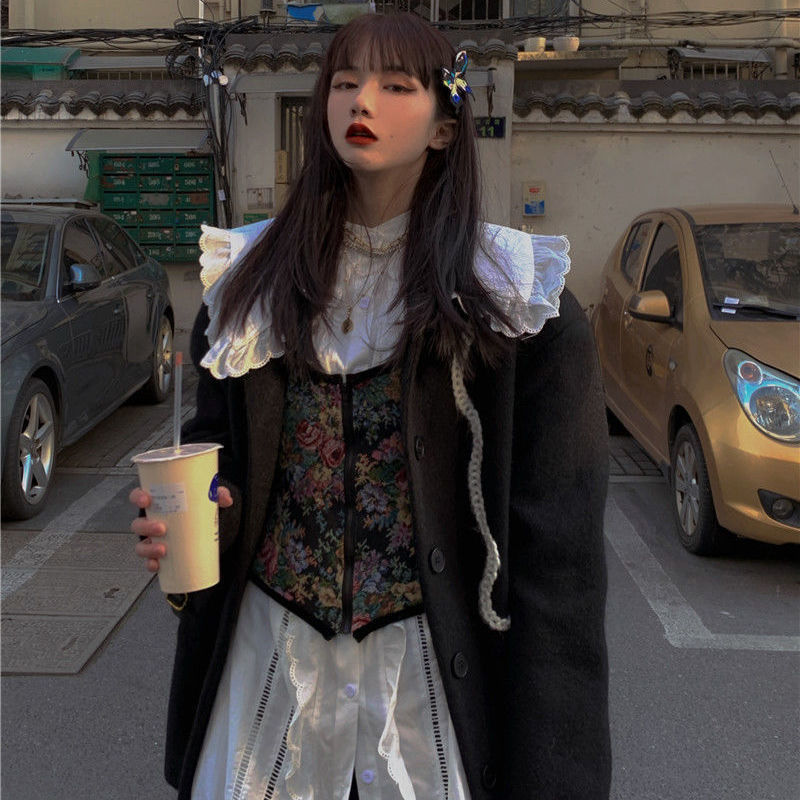 Casual White Puff Long Sleeve Sailor Collar Blouse Women Lace Ruffles Shirts + Vintage Floral Camisole Tops Sexy Plus Size 210429