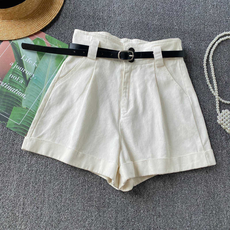 Woman Shorts Summer Belt High Waisted Bottoms Causal Solid Wide Leg Short Feminimos Pantalones De Mujer 6H532 210603