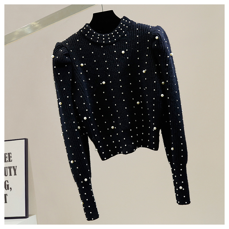 New design womens o-neck luxury design beading puff long sleeve knitted sweater tops jumpers