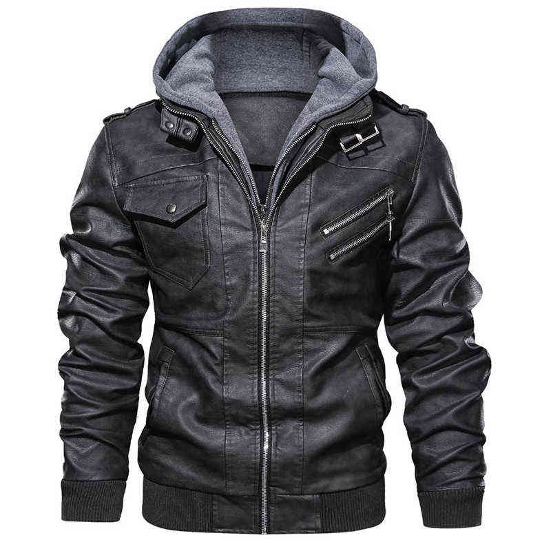 Mens Outwear Bomber Vintage Autumn Black PU Leather Casual Jacket Slim Fit Motorcycle Biker Coats Removable Hood 211110