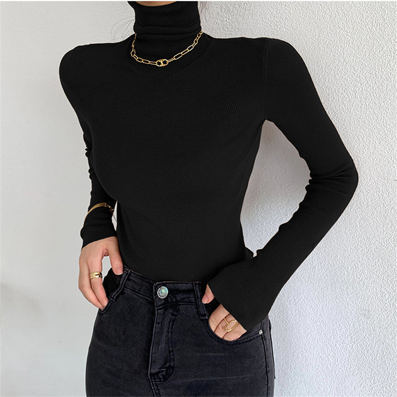 Streetwear Vintage Basic Slim Turtleneck Office Lady Fashion Retro Knitted Elegant High Quality Solid Tops Sweaters 210421