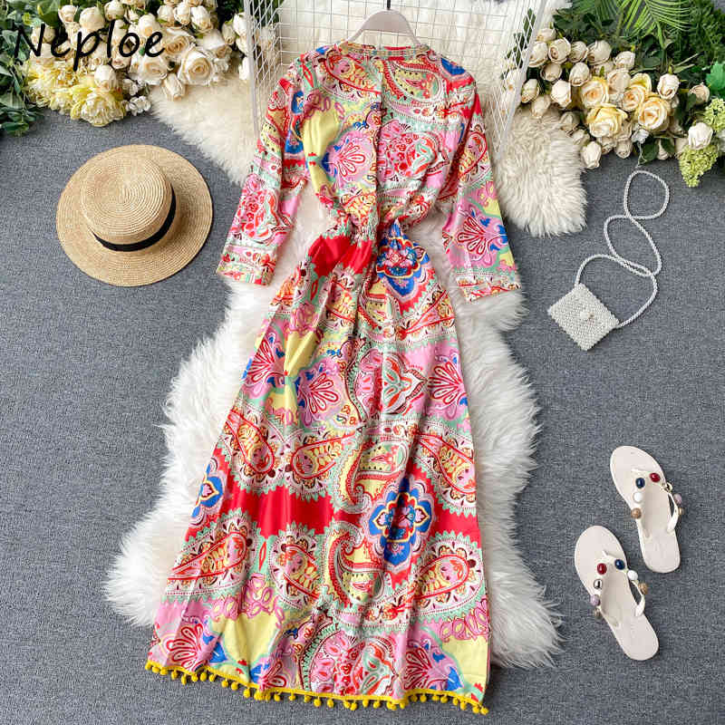 Chic Print Pattern Slim Waist Dress O-neck Tassel Patchwork Femme Vestidos Autumn Fashion A-line Dresses Women 210422Z