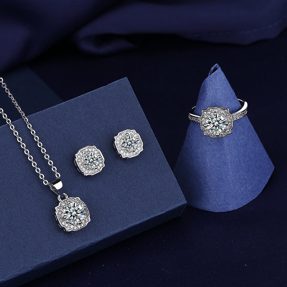 Elegant Lab Diamond Jewelry set 925 Sterling Silver Party Wedding Rings Earrings Necklace For Women Promise Moissanite Jewelry