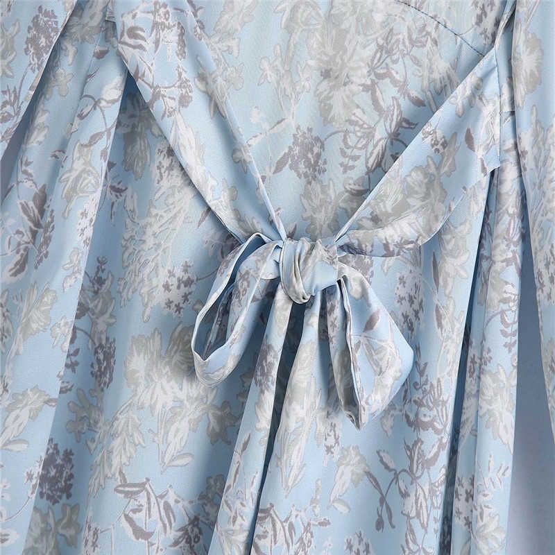 Za Print Shirt Dress Women Long Sleeve Knotted Sky Blue Midi Dresses Chic Button Up Side Vents Woman Vintage Summer Dress 210602