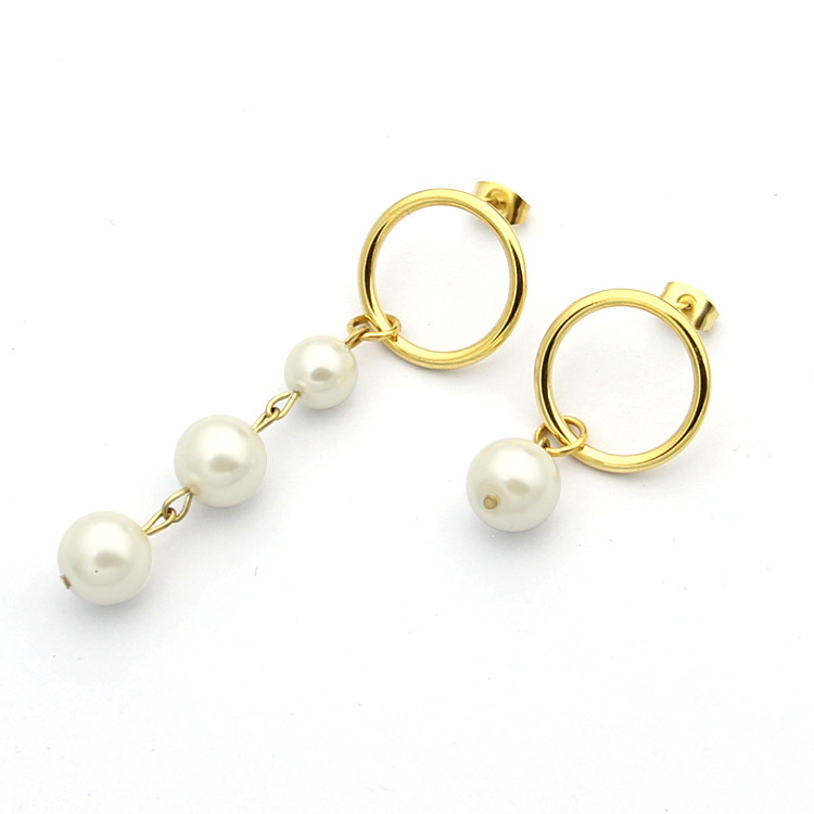 fashion Stainless steel asymmetrical three pearl earrings women's circle earrings