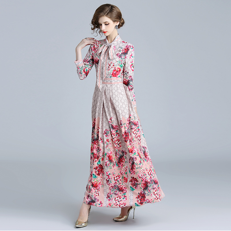 Spring Summer Fall Runway Floral Print Long Dress Ribbon Tie Neck Long Sleeve Women Party Casual Holiday Boho Maxi Dress 210409