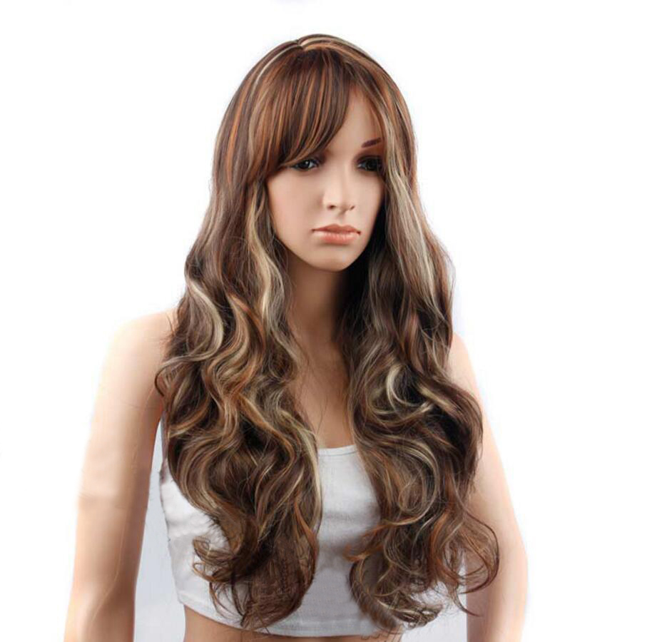 New Fashion Long Wave Brown Highlighted blond Synthetic wig with Qi Bangs women's Hair wigs for life Cosplay