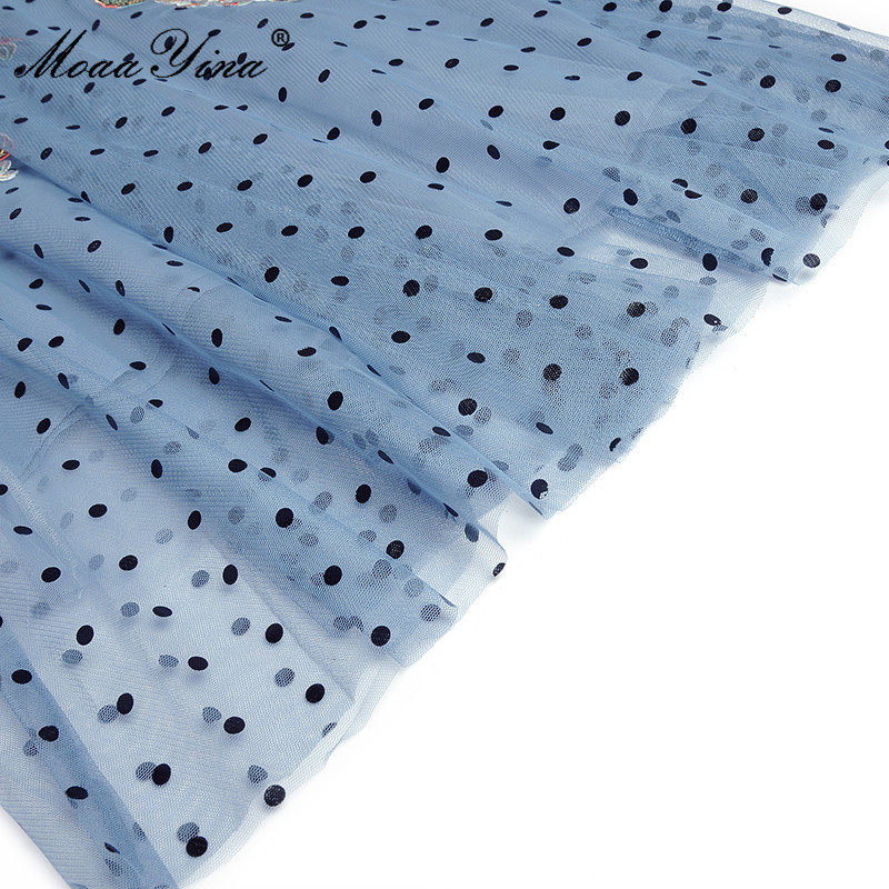 Fashion Runway Summer Elegant Mesh Dress Women Blue Butterfly Sleeve polka dot Embroidery Vintage Party Long 210524