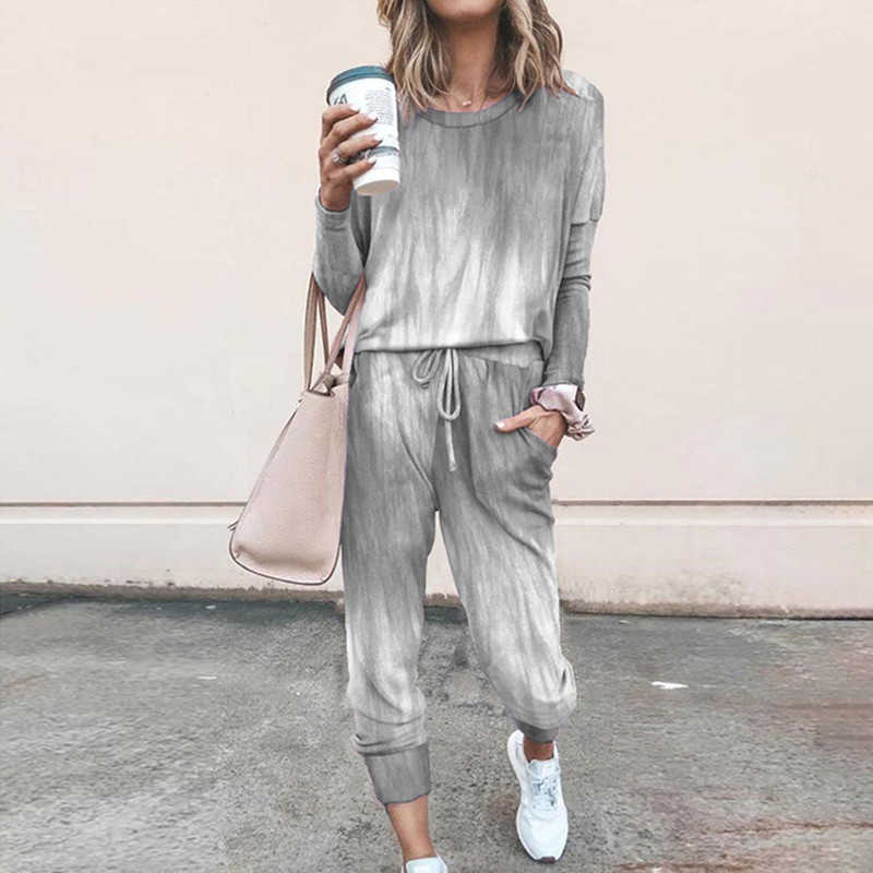 Women Long Sleeve 2 PCS Tracksuit Set Casual Print O Neck Loose Tops Drawstring Elastic Waist Pant Ladies Home Pajama Suits 210526