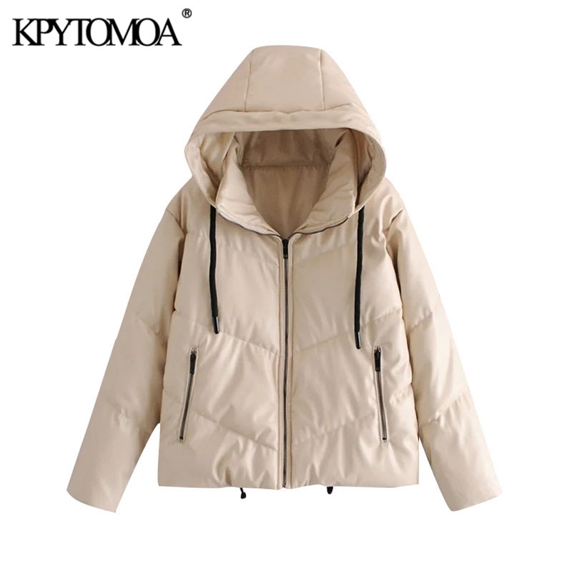 Women Fashion Faux Leather Padded Jacket Thick Warm Parka Coat Long Sleeve Pockets Female Outerwear Chic Tops 210420
