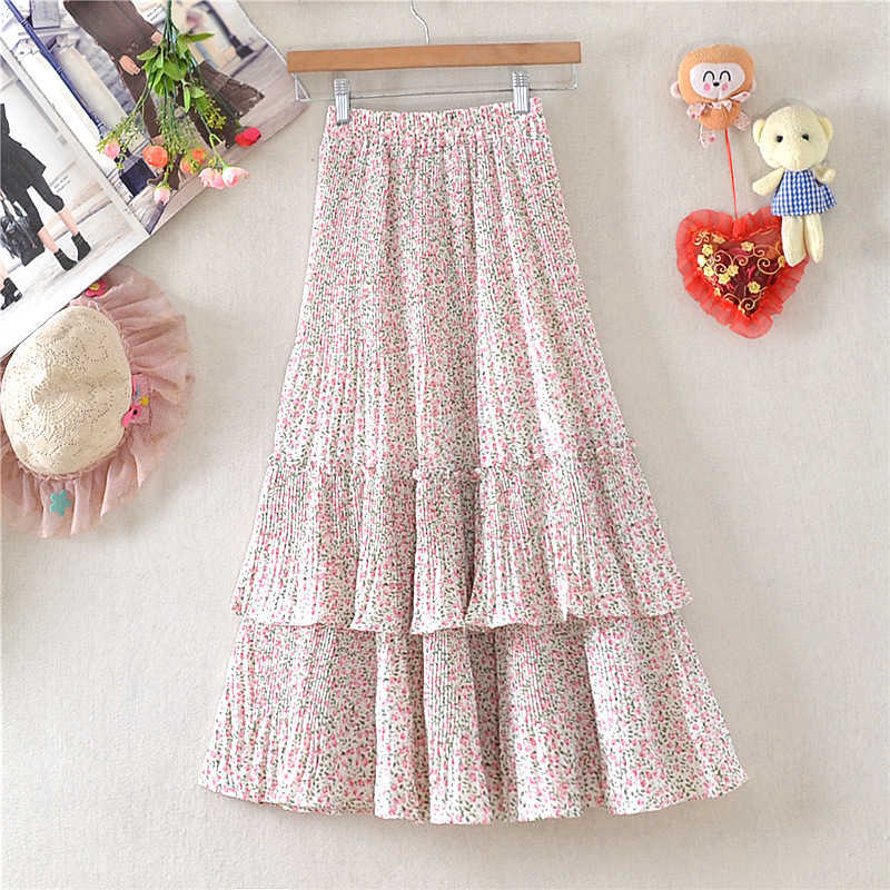 TIGENA Floral Print Chiffon Midi Long Skirt Women Summer Cute Tiered A Line High Waist Pleated Mid-length Female Lady 210621