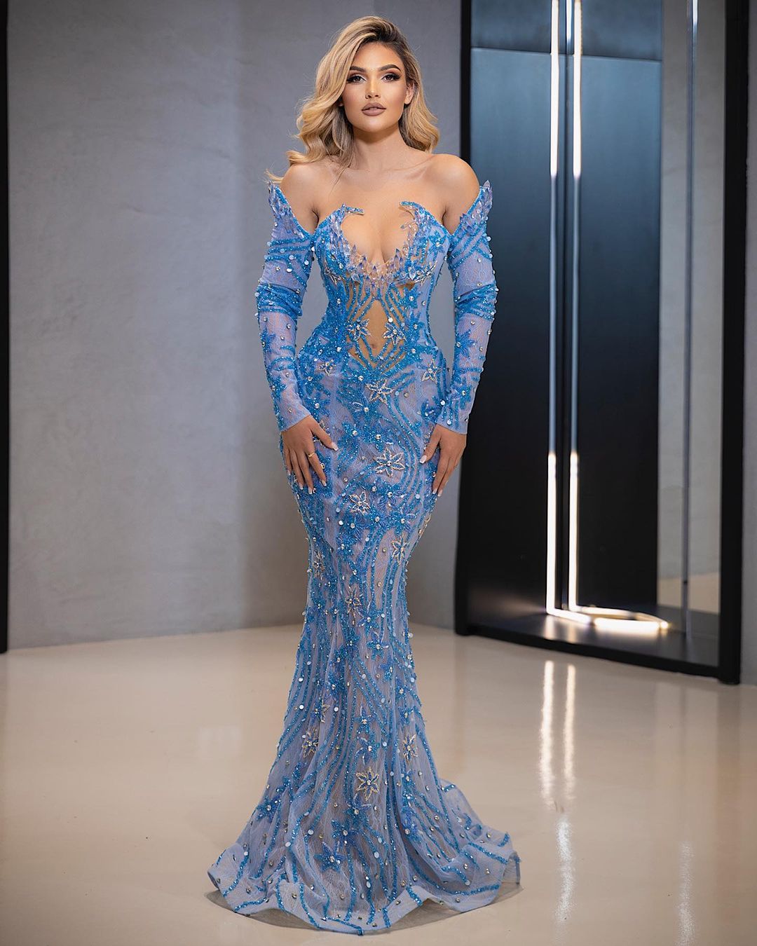 Plus Size Arabic Aso Ebi Blue Luxurious Mermaid Prom Dresses Lace Beaded Crystals Evening Formal Party Second Reception Birthday Engagement Gowns Dres