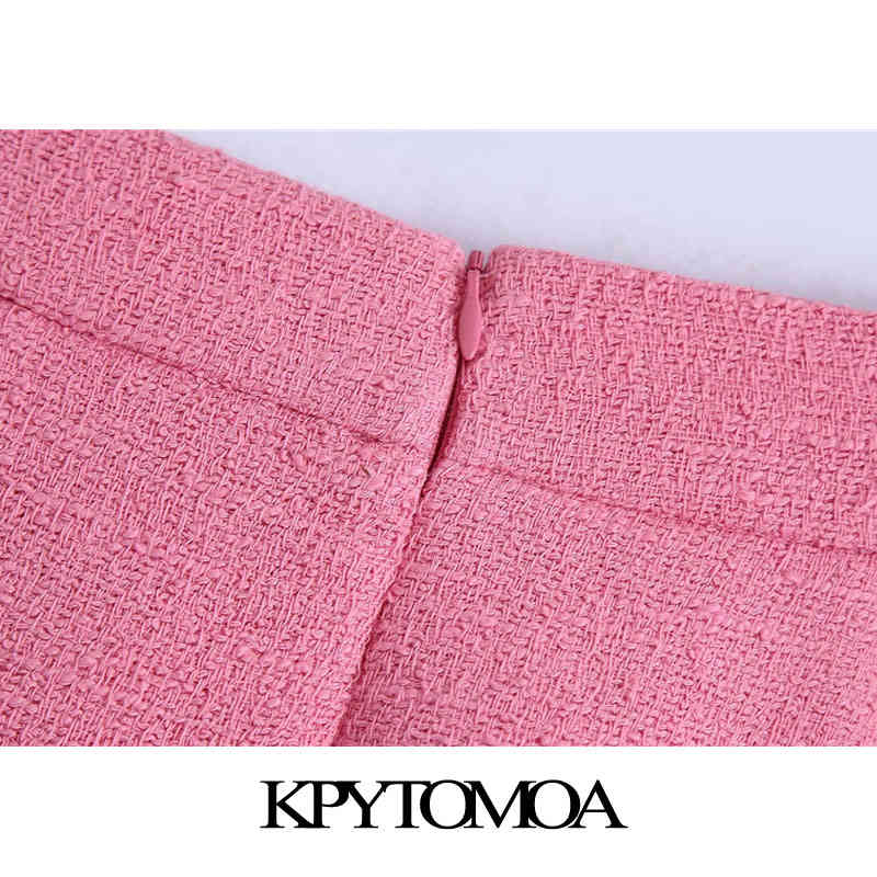 Women Chic Fashion With Buttons Front Slit Tweed Midi Skirt Vintage High Waist Back Zipper Female Skirts Mujer 210416