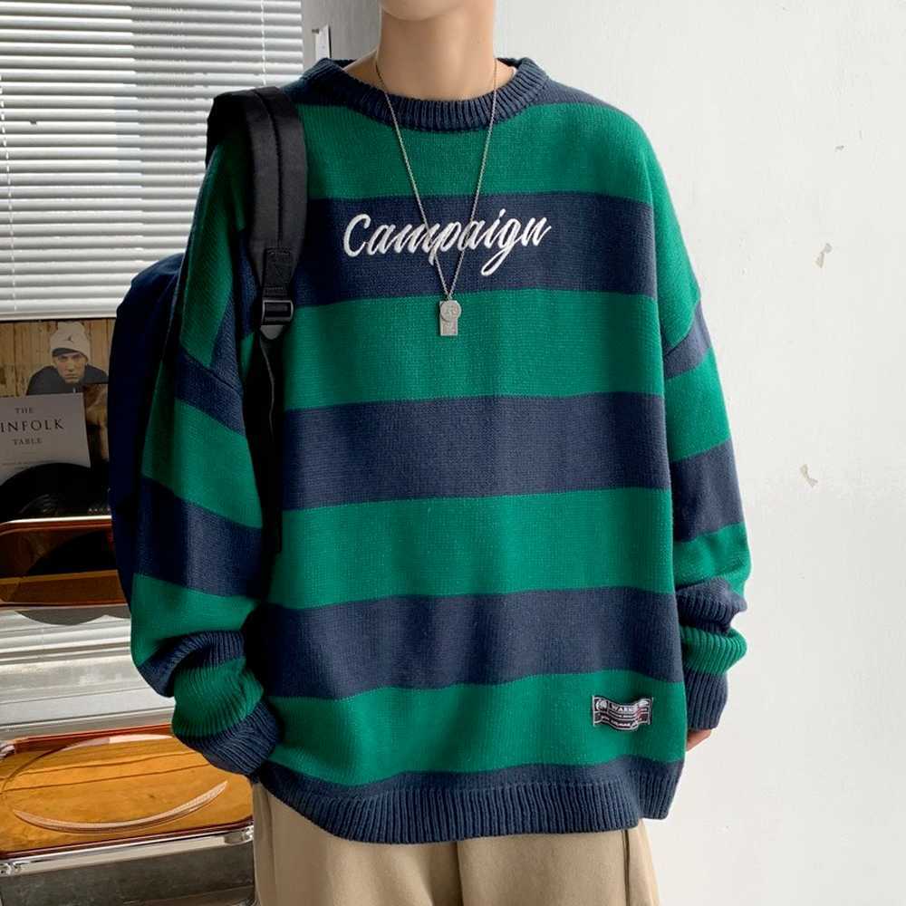 Crew Neck Sweater Men Striped Sweater Men Casual Clothes 2021 Streetwear Korean Fashion Pullover Sweaters Knitted Oversized Y0907