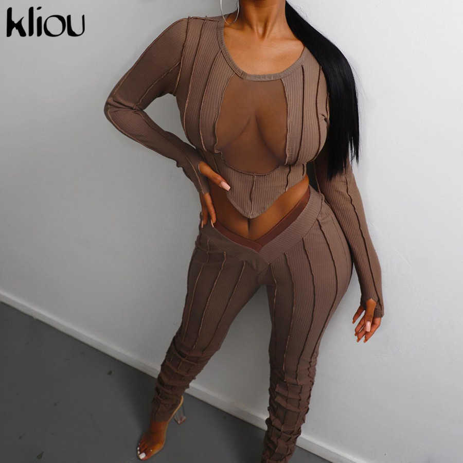 Kliou Hollow Out Mesh Solid Two Piece Outfits Women Autumn Long Sleeve Crop Top And Pants Matching Sets Female Casual Streetwear 211007