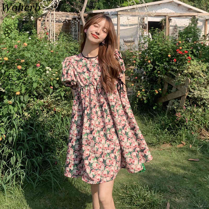 Vintage Elegant Floral Printed Dress Women Summer Short Puff Sleeve Kawaii Loose Dresses Fashion Korean Vestidos Femme 210519