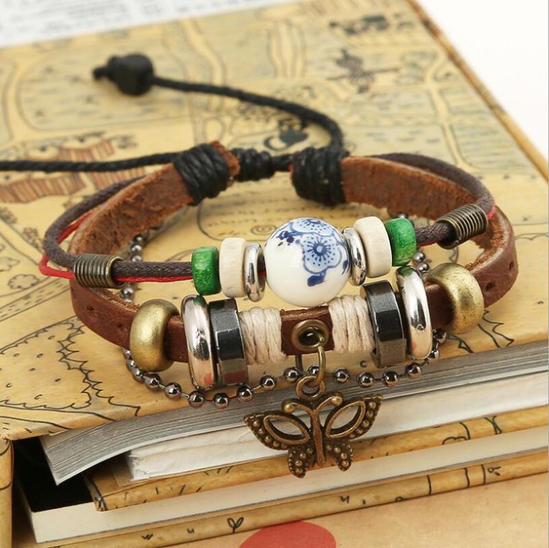 Charm Bracelets Punk Creative Beaded Leather Jewelry Accessories Men Women Fashion Personality Butterfly Pendant Woven Adjustable Bracelet