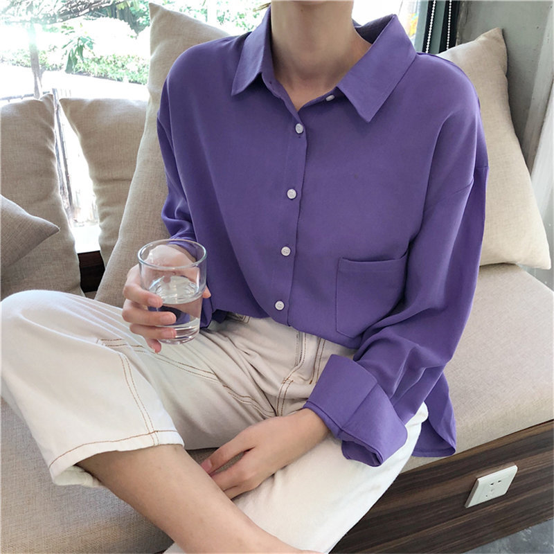 Stylish Purple Clean Women Fashion Loose Brief Solid Office Ladies Simple Pockets Fresh Chic All Match Shirts 210421