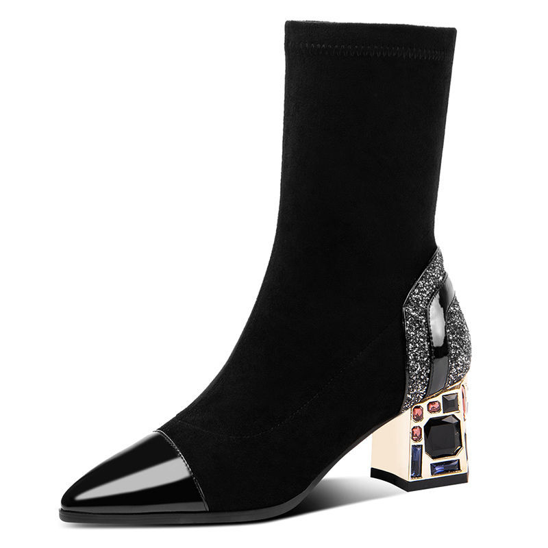 Slim Short Boots Woman Mid Calf Boot Elastic Fabric Rhinestone Square Heel Womens Winter Shoes Female Footware BLACK, Black for winter
Slim Short Boots Woman Mid Calf Boot Elastic Fabric Rhinestone Square Heel Womens Winter Shoes Female Footware BLACK, Black for winter