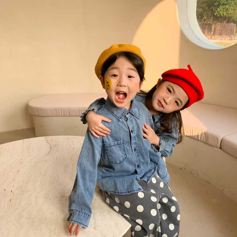 Spring fashion thin denim shirts brother and sister long sleeve turn-down collar shirt all-match base Tops 210713