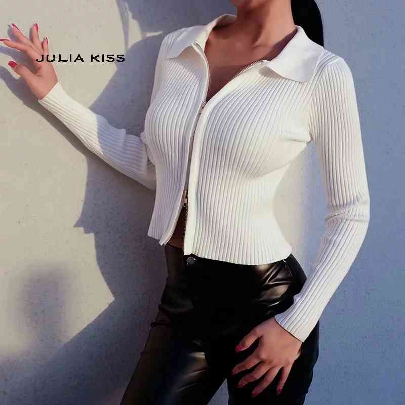 Women Dual Zipper Ribbed Sweater Shirt Cropped Knit Cardigans 210512