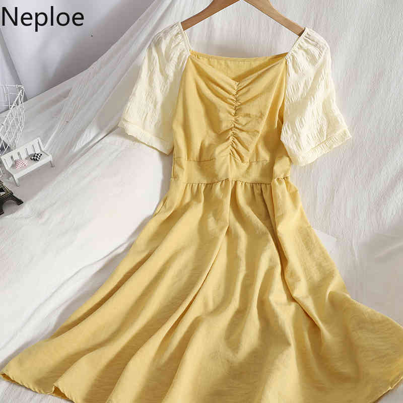 Neploe Summer Dress Women Elegant Pleated Korean Vestidos Mujer Contrast Color Patchwork Temperament Dresses Vintage Robe 4i820 210422