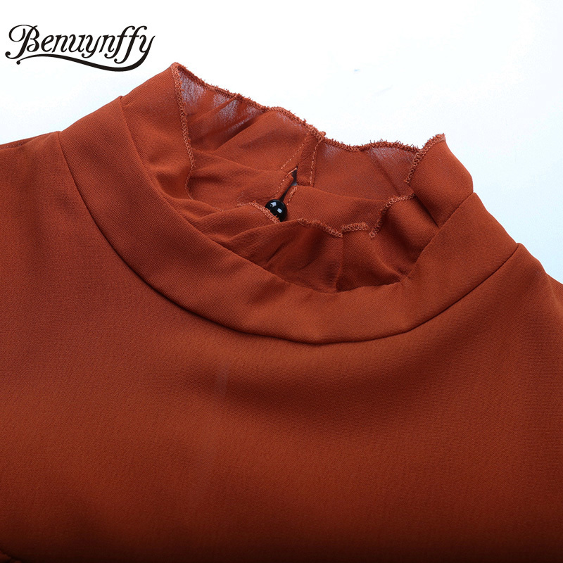 Mock Neck Frill Trim Keyhole Back Solid Loose Dresses Women Spring Summer Long Sleeve OL Female Black Mini Dress 210510