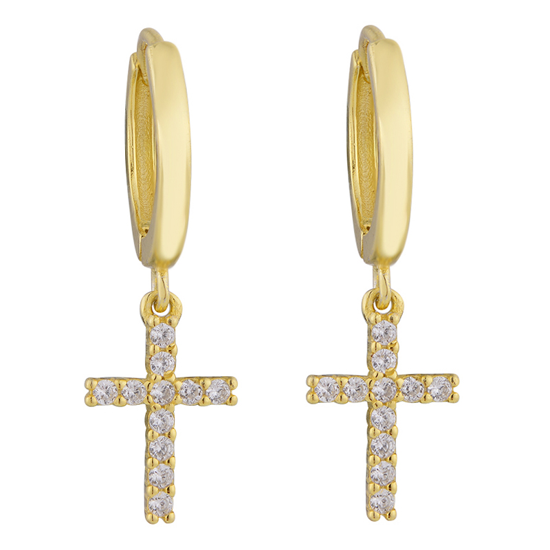 Authentic 925 Sterling Silver Gold Color Cross Dangle Hoop Earrings Women Girls Fashion Zircon Crystal Jewelry Gift Bijoux