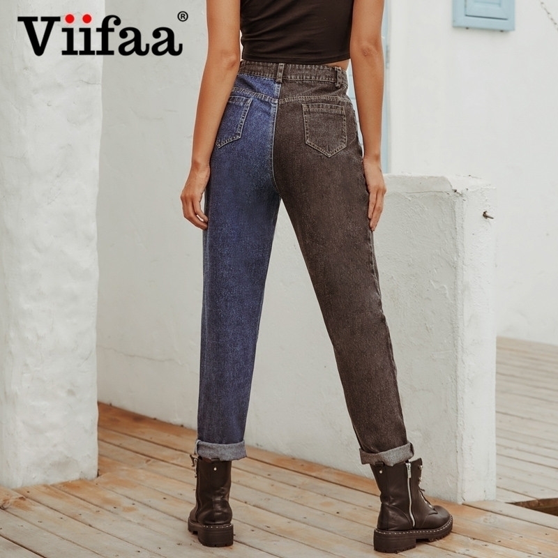 Viifaa Black and Blue Two Tone High Waist Denim Jeans for Women Zipper Fly Casual Ladies Straight Jeans 210616