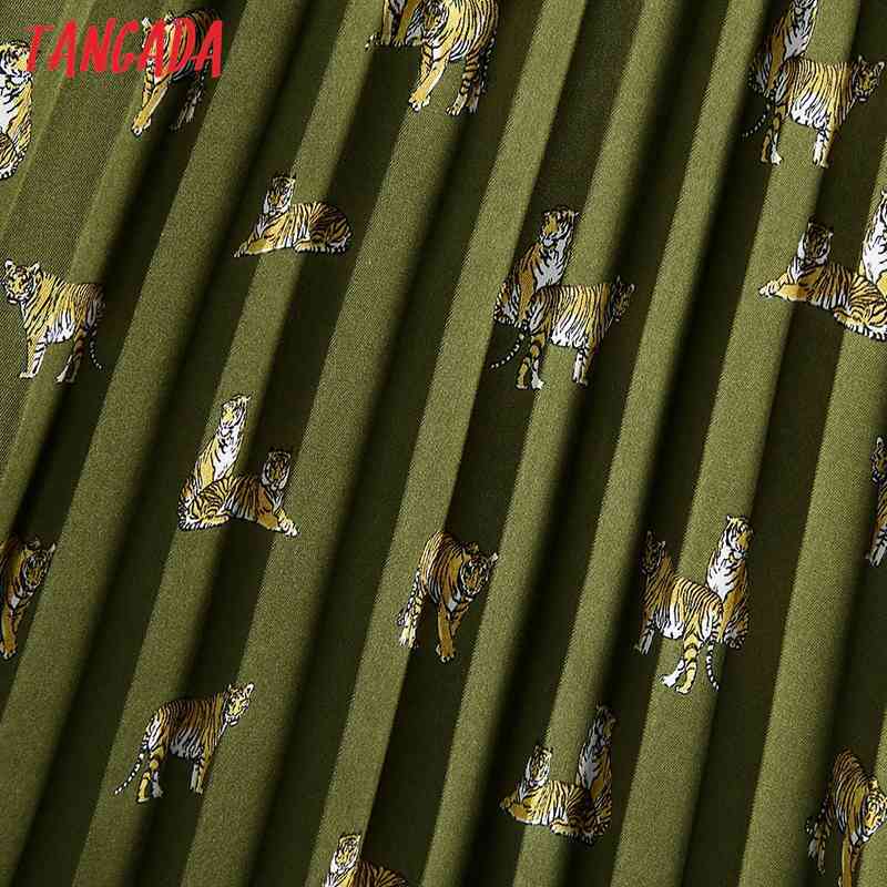 Women Print Green Pleated Midi Skirt Faldas Mujer Vintage Side Zipper Office Ladies Elegant Chic Mid Calf Skirts BE426 210416