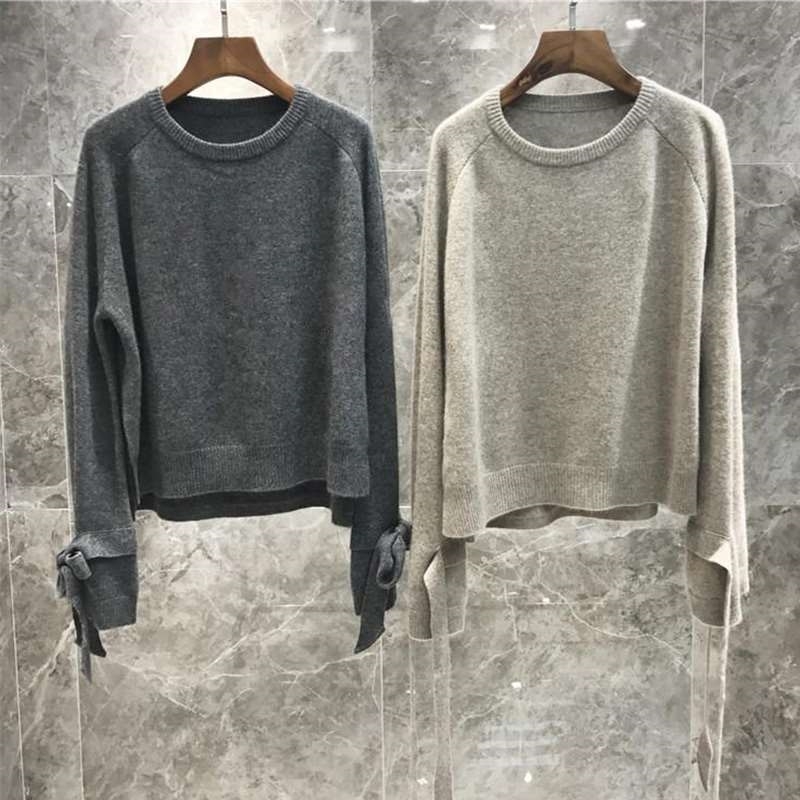 winter High Quality Cashmere knitted Two piece set Bow Long sleeve pullover Sweater + Elastic wiast Tracksuits pants suit 210520