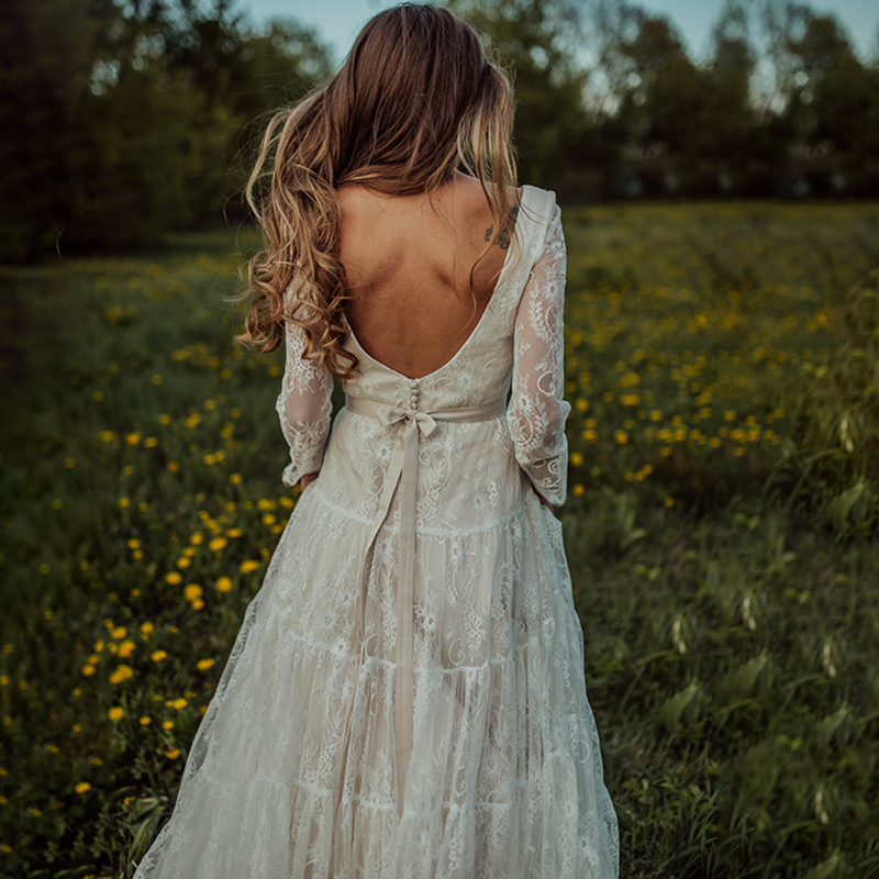 Boho Lace Long Sleeves Wedding Dress Open Back Deep V-Neck Ribbon Tiered Tulle Garden Beach A Line Bridal Gowns Nude Lining Country Bride Dresses Vest