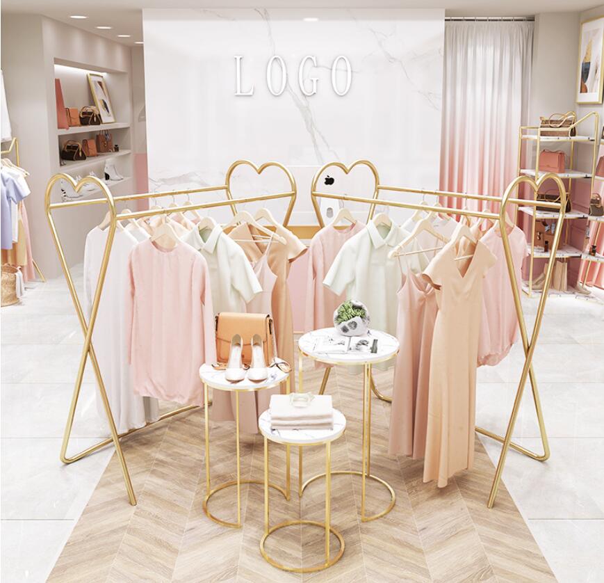 Clothing store double row middle island racks Commercial Furniture floor type window display rack children's clothes stores gold coat hanger