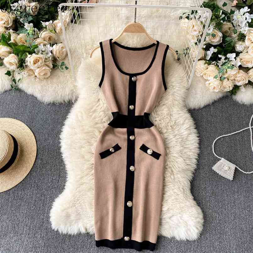 Summer Sexy U-neck Color matching Single Button Sleeveless High-waist Bodycon Knitted Dress Stretch Mini 210602, Khaki
Summer Sexy U-neck Color matching Single Button Sleeveless High-waist Bodycon Knitted Dress Stretch Mini 210602, Khaki