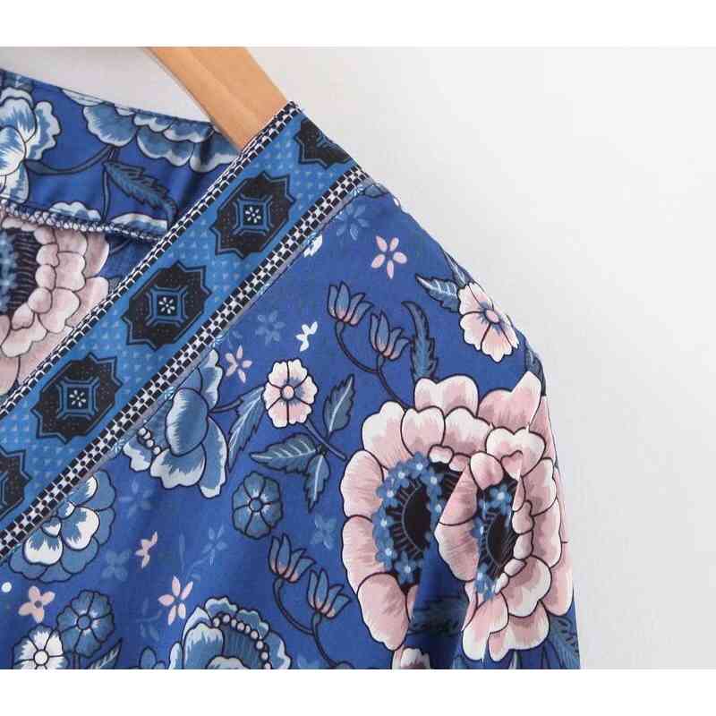 Bohemian Open Button Deep V neck Blue white Floral Print Dress Ethnic Woman Short Sleeve Maxi Long BOHO Dresses Beach Holiday 210429